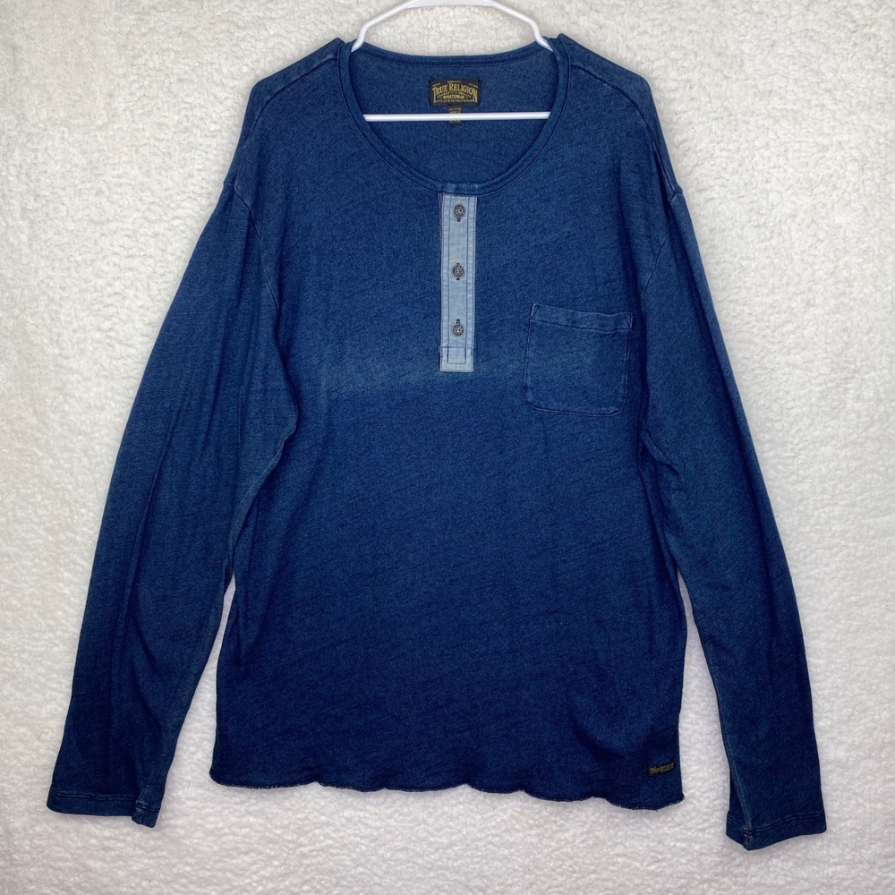 True Religion Mens Long Sleeve Henley Shirt Blue Slub Knit Pocket 2XL